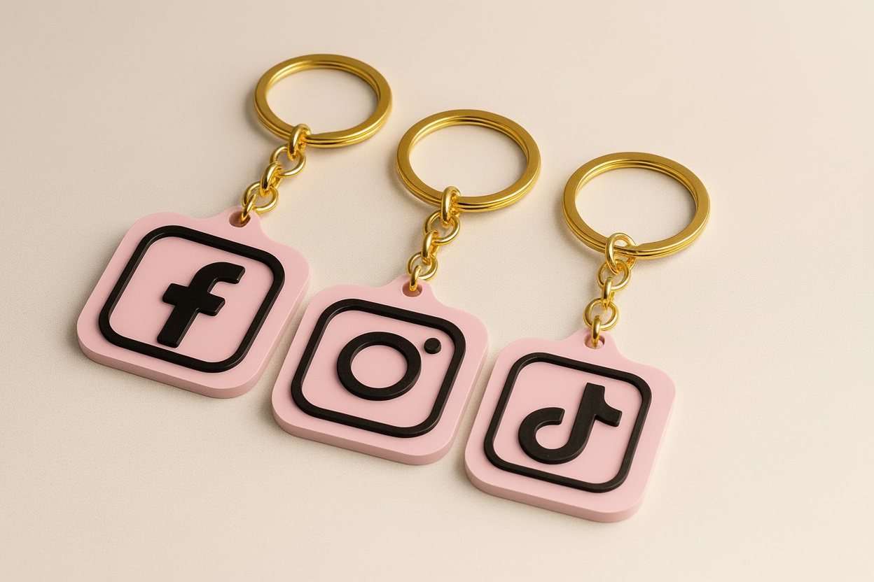 Pink NFC social media keyring for TikTok Instagram and Facebook with gold keychain by Prism and Print UK