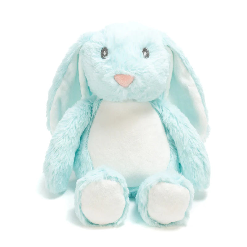 Plush toy rabbit with blue fur on a white background